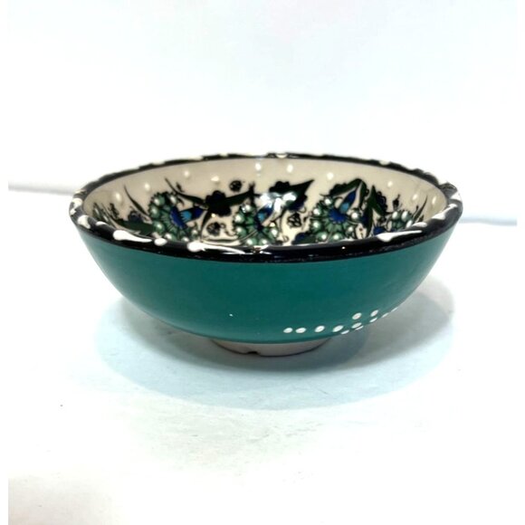 Nakkas Cini Turkish Ceramic Hand Painted Blue Green Small Tapas Bowl 5" Wide - Picture 3 of 8